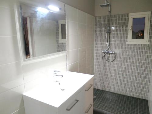 Un baño con lavabo blanco y ducha. en Maison de charme avec jardin à Courtils, proche du Mont Saint-Michel, en Courtils