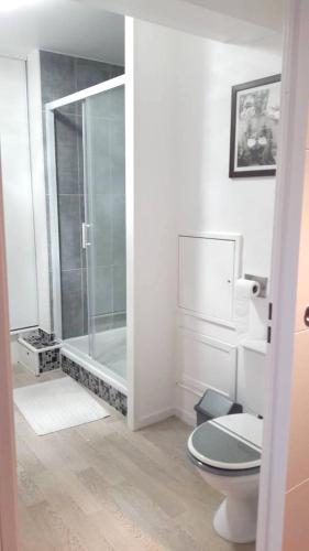 une salle de bain blanche avec douche et toilettes dans l'établissement Studio agréable et central à Compiègne - 31 m² avec parking, à Compiègne