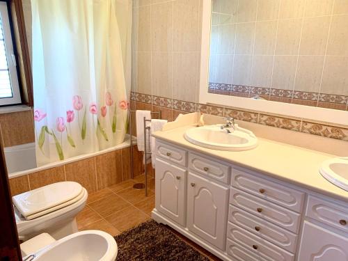a bathroom with a sink and a toilet and a mirror at 9 bedrooms villa with private pool jacuzzi and enclosed garden at Ponte de Lima Viana do Castelo in Ponte de Lima