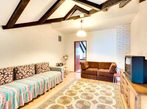 a living room with a couch and a tv at One bedroom appartement at Zlarin 200 m away from the beach with sea view enclosed garden and wifi in Zlarin
