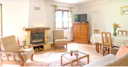 a living room with a couch and a fireplace at 2 bedrooms house with furnished garden and wifi at Camacha in Camacha