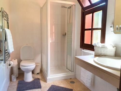 a bathroom with a toilet and a sink and a shower at 2 bedrooms house with furnished garden and wifi at Camacha in Camacha