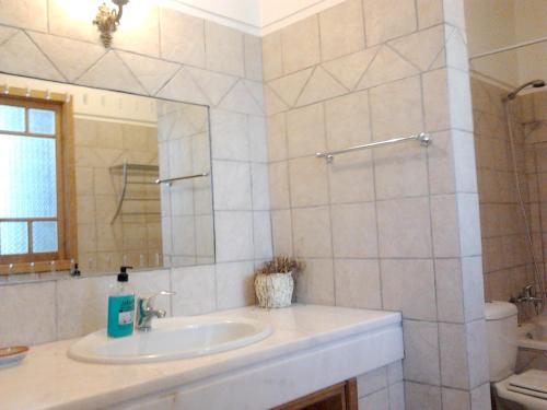 a bathroom with a sink and a mirror at Charming house in Alcobaça with mountain view in Alcobaça