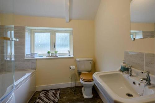 a bathroom with a toilet and a tub and a sink at Sloley Hall Cottages - Stable 1 in Tunstead