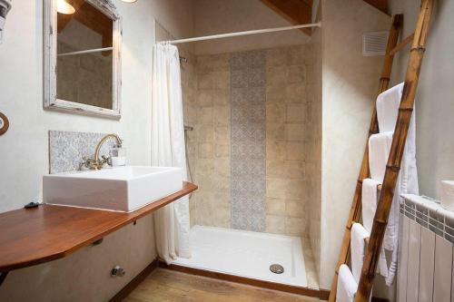 a bathroom with a sink and a shower at Apartamentos Onki Xin in Isaba