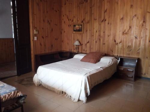 1 dormitorio con 1 cama y pared de madera en La Casa Grande en Chascomús