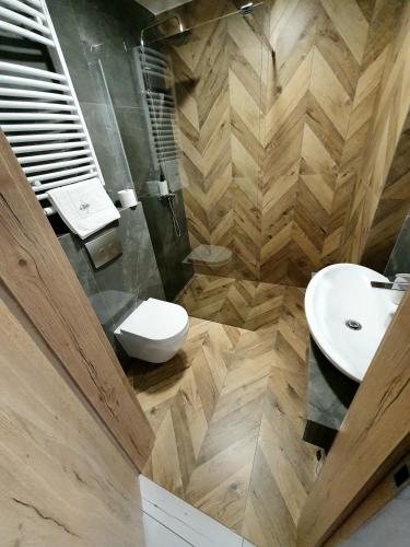 a bathroom with a sink and a toilet in it at Villa Olimpijska 2 - Centrum in Wisła