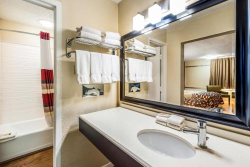 a bathroom with a sink and a mirror at Red Roof Inn & Suites Wapakoneta in Wapakoneta