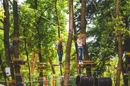 two people on a zip line in the trees at Pensiunea Agroturistica Cerna, Vaideeni - Polovragi in Vaideeni