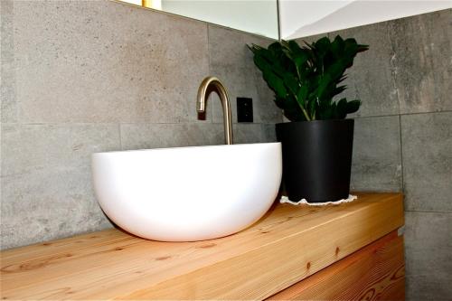 a white sink on a wooden counter with a potted plant at Putzerhof in Funes