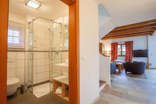 a bathroom with a shower and a toilet at Haus am Katzenbach in Garmisch-Partenkirchen