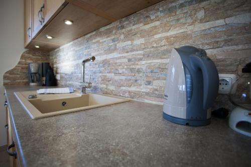 a kitchen with a sink and a dryer on a counter at Hochgefühl in Farchant