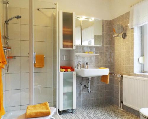 W łazience znajduje się prysznic, umywalka i toaleta. w obiekcie Premium-Ferienwohnungen Bergblick im Haus Hopfe w mieście Hahnenklee-Bockswiese