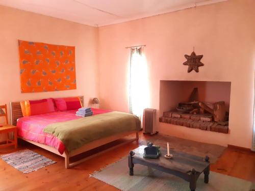 a bedroom with a bed and a fireplace at Elkes Guesthouse in Nieu-Bethesda