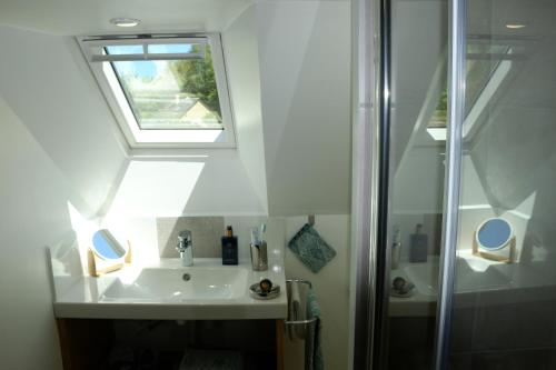 a bathroom with a sink and a shower with a window at Le Clot de la Hount in Cauterets