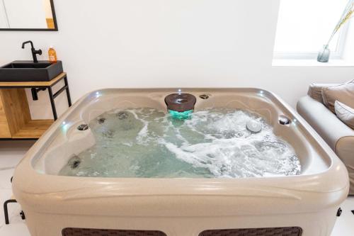 eine mit Wasser gefüllte Badewanne im Wohnzimmer in der Unterkunft Love room Jacuzzi Sauna Privatif Marseille in Marseille