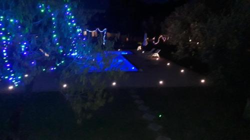 a person is performing in front of a christmas tree at night at MEDITERRANEAN GARDEN VILLA in Vathí