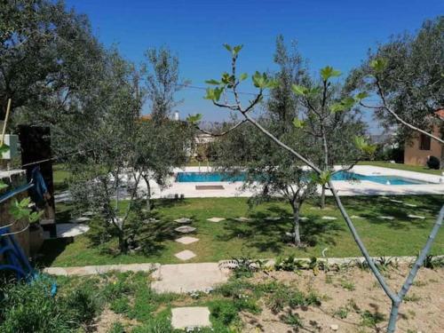 a garden with a swimming pool and trees and a yard at MEDITERRANEAN GARDEN VILLA in Vathí