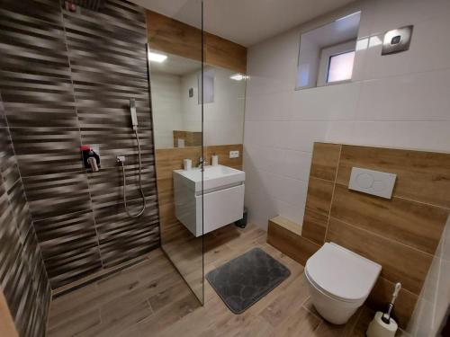 a bathroom with a shower and a toilet and a sink at Apartmany Moon in Liptovský Mikuláš