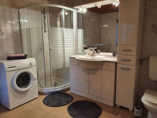 a bathroom with a washing machine and a washer at Apartma Cerknica in Cerknica