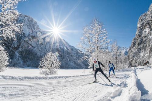 two people cross country skiing in the snow at Hotel Erika in Braies