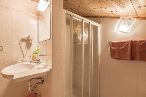 a bathroom with a sink and a shower at Ladinser Hof Reiterstube in Castelrotto