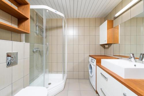 a bathroom with a shower sink and a washing machine at Fabulous Location Apartments in Tallinn