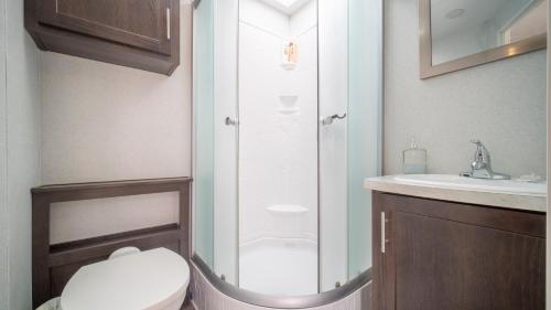 a bathroom with a shower and a toilet and a sink at FunStays Glamping Destination RV Site 5 in Moab