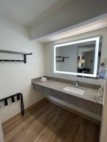 a bathroom with a sink and a large mirror at Tricove Inn & Suites in Jacksonville