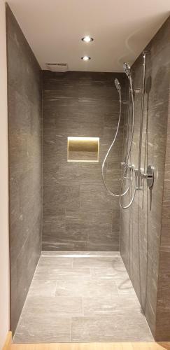 a shower in a bathroom with a wall at The Chalet Davos, Chesa Surlej in Davos