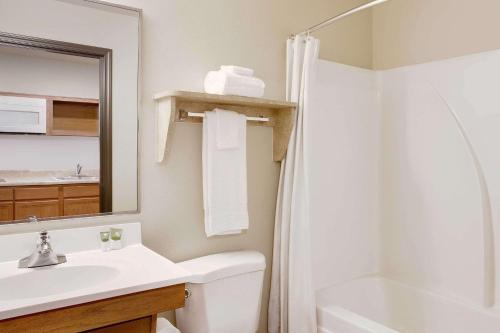 a bathroom with a sink and a toilet and a mirror at WoodSpring Suites Virginia Beach in Virginia Beach