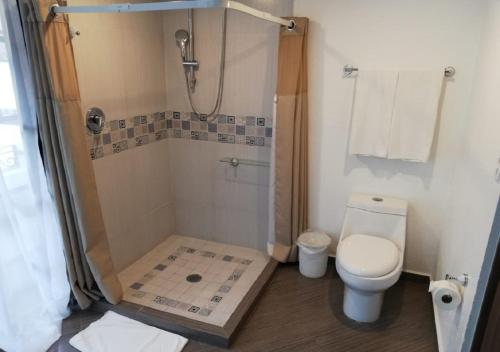 a bathroom with a shower and a toilet in it at Hotel Las Puertas de Tepoztlan in Tepoztlán
