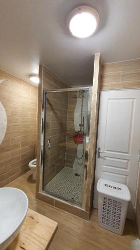 La salle de bains est pourvue d'une douche, de toilettes et d'un lavabo. dans l'établissement Lou cantou, à La Bourboule