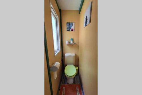 ein kleines Bad mit einem grünen WC und einem Fenster in der Unterkunft Maison à Saint-leu, vue exceptionnelle sur la baie et l'Océan à 2 minutes des plages in Saint-Leu