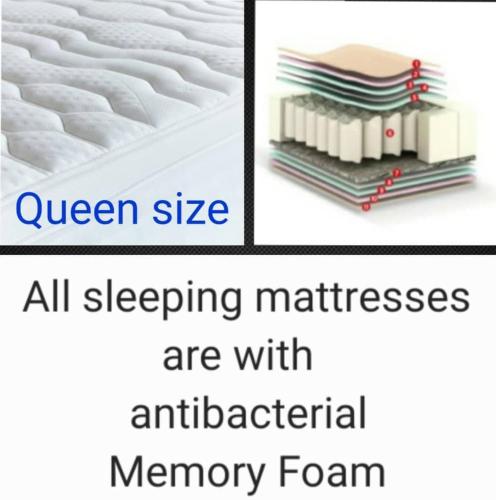 a picture of a mattress with the words queen size all sleeping mattresses are with at blue - comfy center rodos in Asgourou