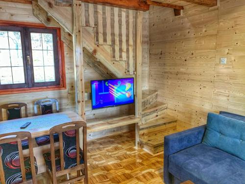 a dining room with a table and a tv in a log cabin at Brvnare Cirkovic in Zlatibor