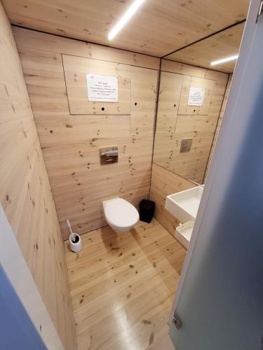 La petite salle de bains est pourvue de toilettes et d'un lavabo. dans l'établissement Hausboot Geiselruh, à Braunsbedra