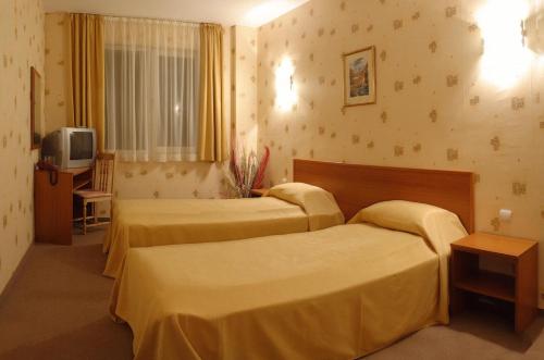 Cette chambre comprend deux lits et une télévision. dans l'établissement Park Hotel Dryanovo, à Dryanovo