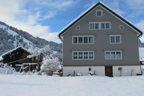 a house in the snow with a mountain at Wies in Stein