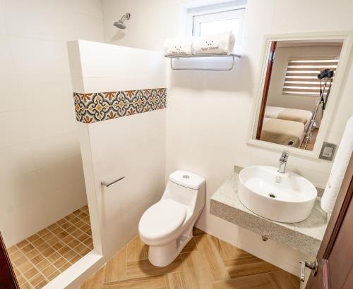 a bathroom with a toilet and a sink at Hotel Alcazar - Guadalajara Centro Historico in Guadalajara