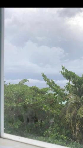 a window with a view of a palm tree at Marriott White Sands, BeachFront Condo at Negril Beach Club in Negril