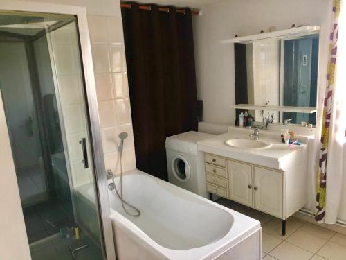 een badkamer met een bad, een wastafel en een douche bij venez visitez calais in Calais