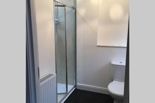 een badkamer met een toilet en een glazen douche bij The Annex at Bonnieview in Inverness