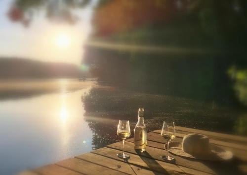 two glasses of wine and a bottle on a table at Przystań na Zagórzu - Apartamenty nad jeziorem in Drezdenko