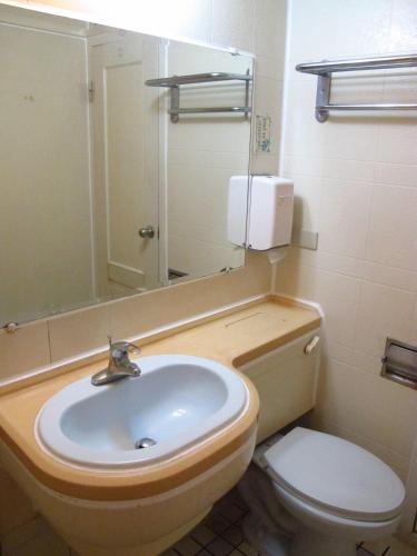 a bathroom with a sink and a toilet and a mirror at Master Bear Resort in Jiafeng