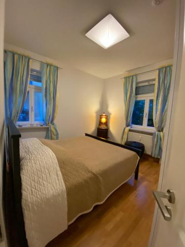 - une chambre avec un lit et 2 fenêtres dans l'établissement Apartment Elli, à Augsbourg