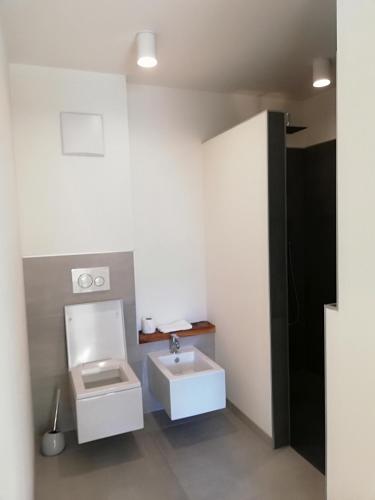 a bathroom with a toilet and a sink at Casa Lassù in Carano