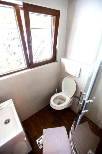 a bathroom with a toilet and a sink and a window at Vuk & Sofija Apartmani in Kopaonik