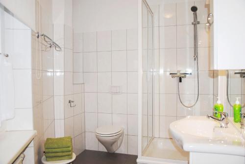 a bathroom with a shower and a toilet and a sink at Appartementanlage-Ferienwohnungen Weiße Möwe in Sassnitz