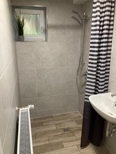 y baño con ducha y lavamanos. en Modernes Apartment Nr1 nahe Reeperbahn bis 4 Personen, en Hamburgo